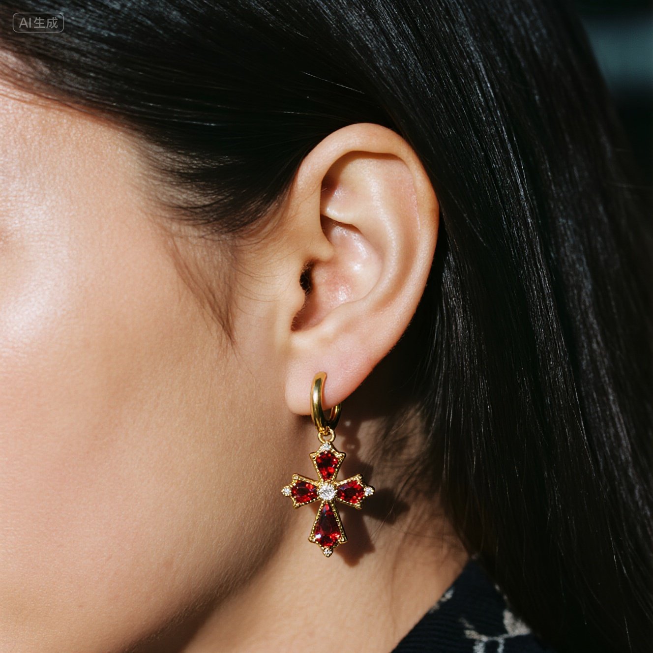 Ruby Cross Earrings – Gold Hoop Dangle Earrings with Red Crystal Accents