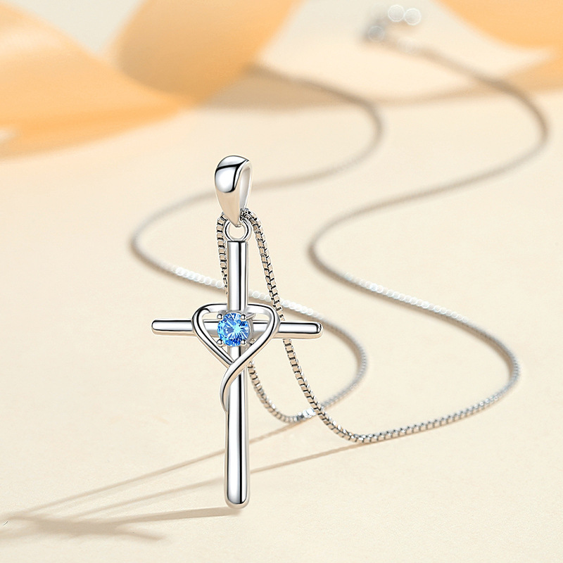 925 Sterling Silver Sideways Cross Pendant Necklace with Heart Cubic Zirconia for Women