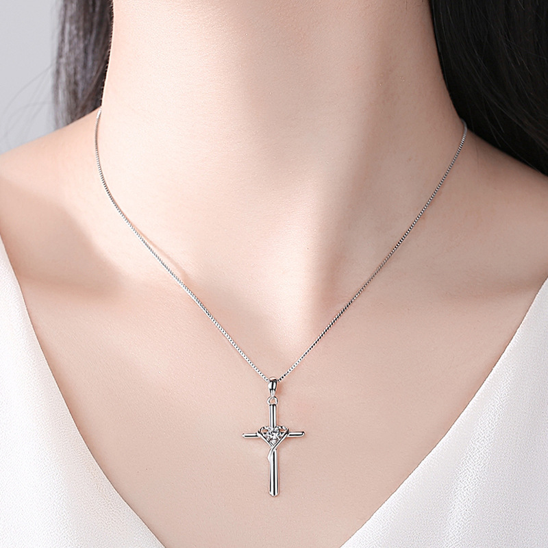 925 Sterling Silver Sideways Cross Pendant Necklace with Heart Cubic Zirconia for Women
