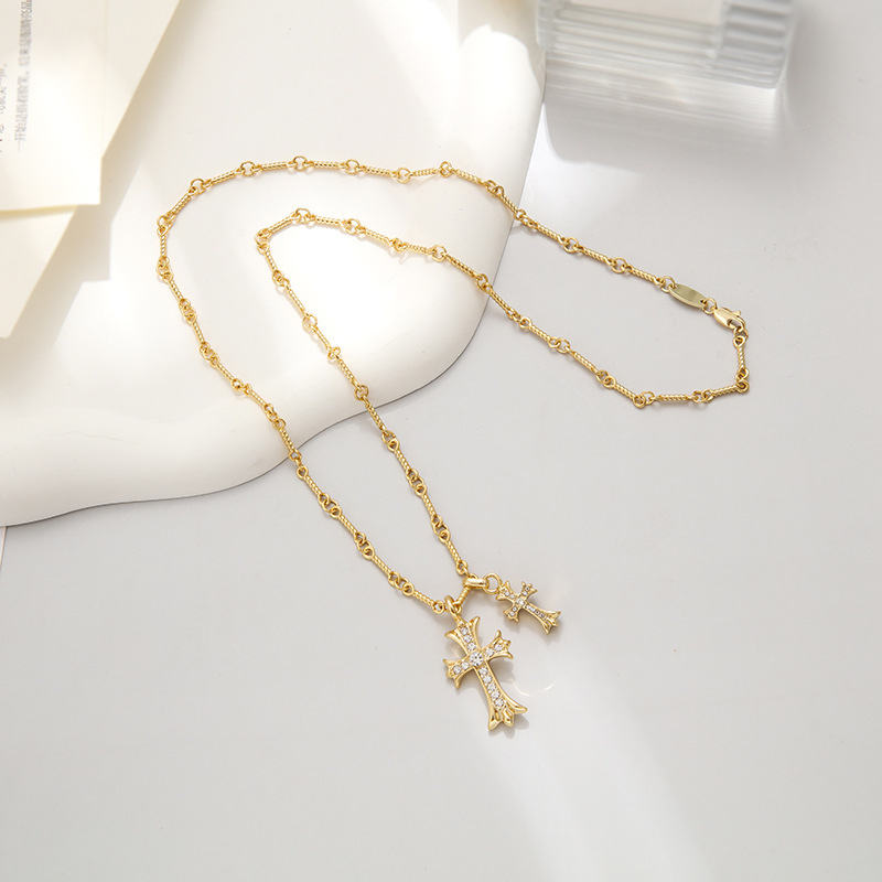 14K Gold Sideways Cross Necklace with Double Cross Pendants