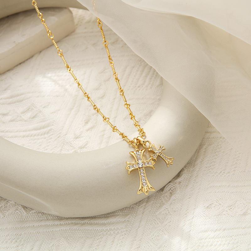 14K Gold Sideways Cross Necklace with Double Cross Pendants