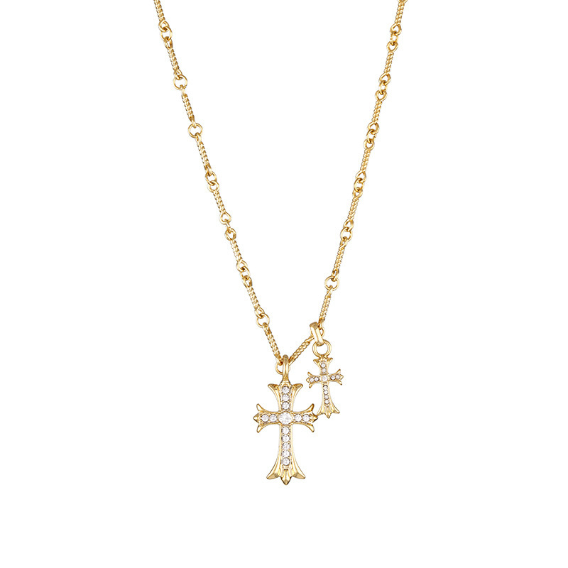 14K Gold Sideways Cross Necklace with Double Cross Pendants