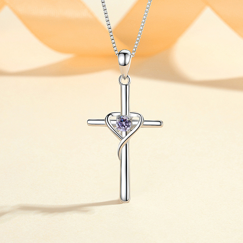 925 Sterling Silver Sideways Cross Pendant Necklace with Heart Cubic Zirconia for Women