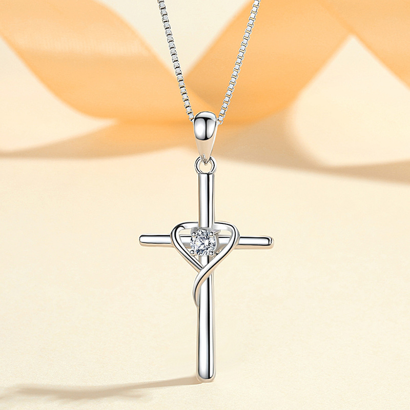 925 Sterling Silver Sideways Cross Pendant Necklace with Heart Cubic Zirconia for Women