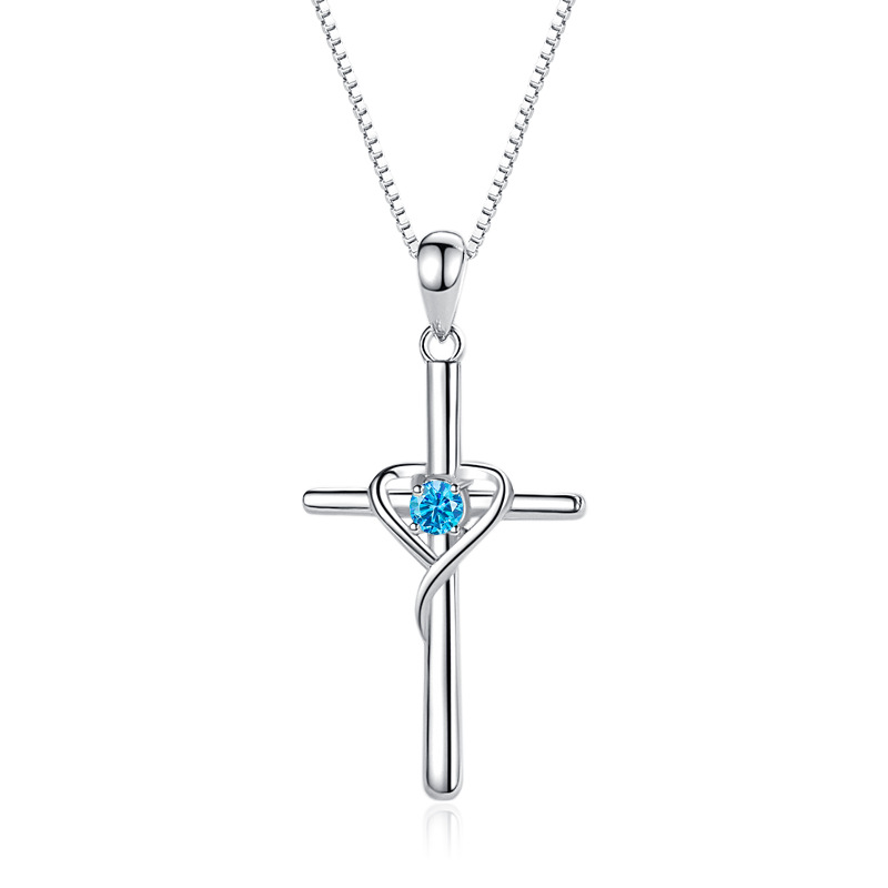 925 Sterling Silver Sideways Cross Pendant Necklace with Heart Cubic Zirconia for Women