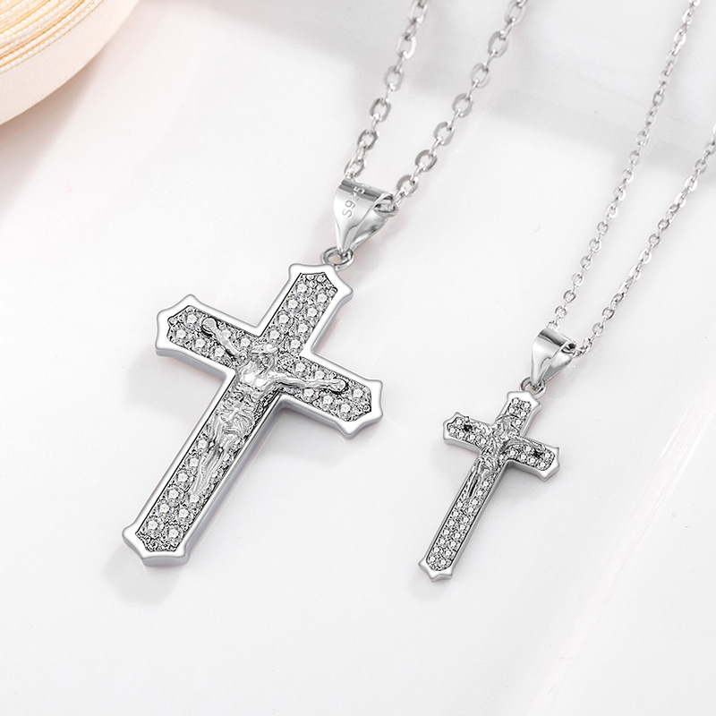 Men's 925 Sterling Silver Crucifix Cross Necklace with Stones - Silver Chain Design for Men