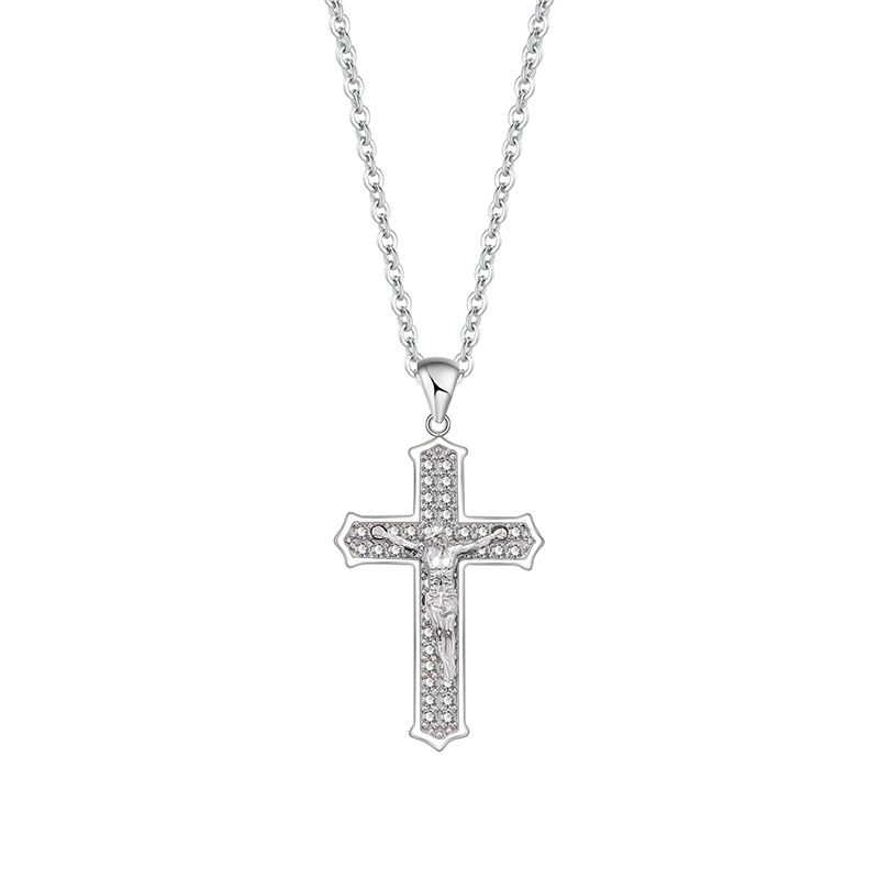 Men's 925 Sterling Silver Crucifix Cross Necklace with Stones - Silver Chain Design for Men