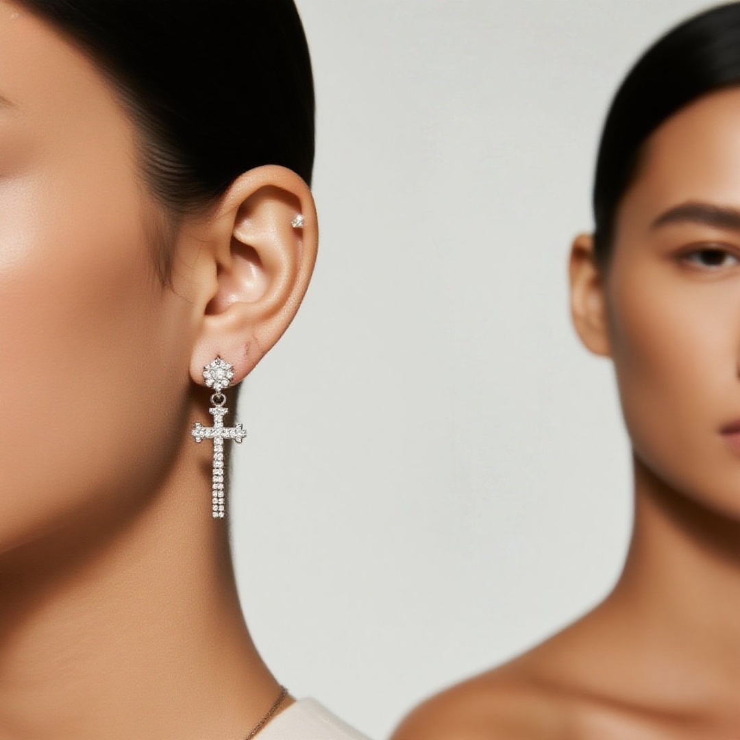 Sterling Silver Cross Earrings with Chain, Dainty Cubic Zirconia Drop Earrings for Women