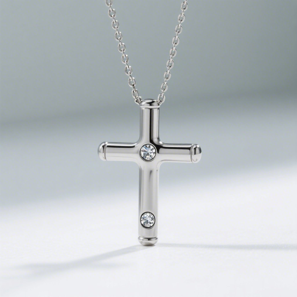 Silver Cross Necklace with Crystals – Minimalist Stainless Steel Christian Pendant