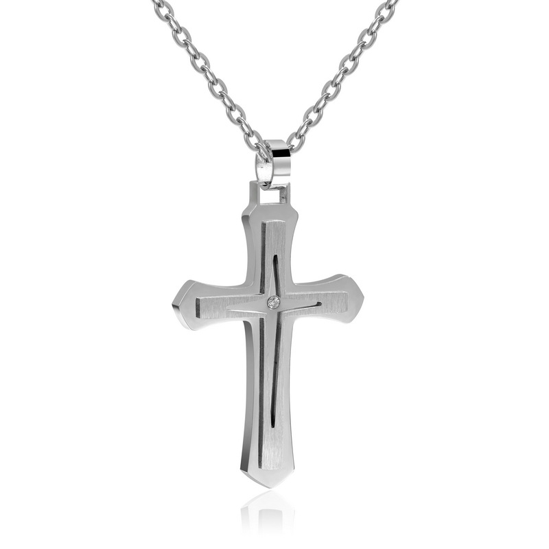 Boys Sterling Silver Cross Necklace – Brushed & Polished Stainless Pendant