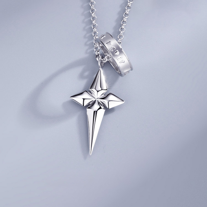 Pure Silver Crucifix Necklace for Men – Geometric Cross Pendant & English Engraved Ring