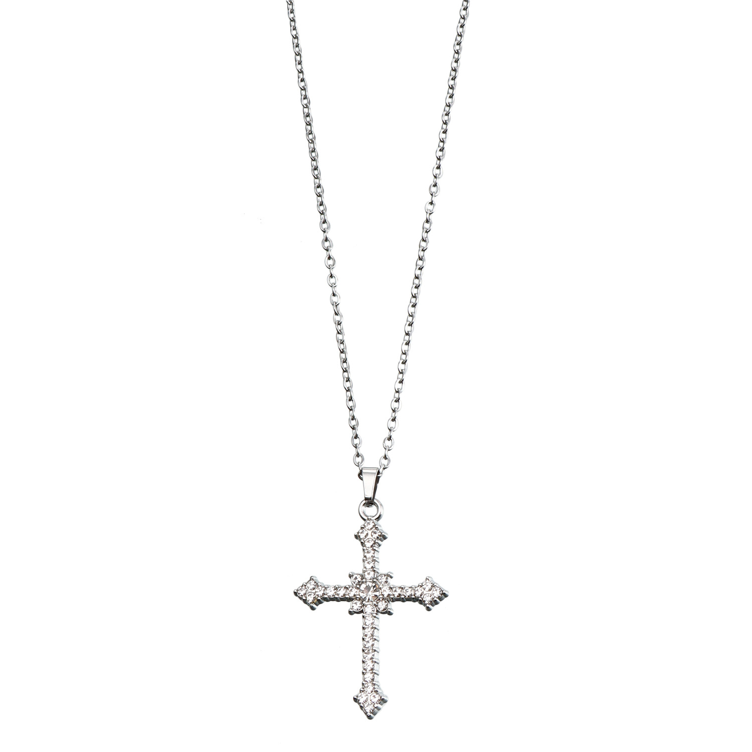 Silver Rhinestone Crucifix Necklace, Classic Cross Pendant for Women and Men