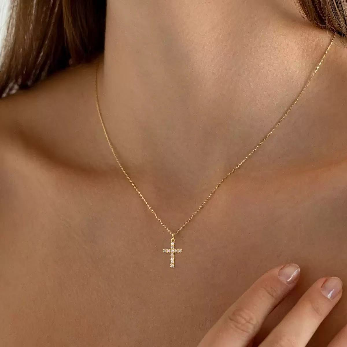 Skinny Cross Necklace – Thin Gold Cross Pendant Necklace for Women