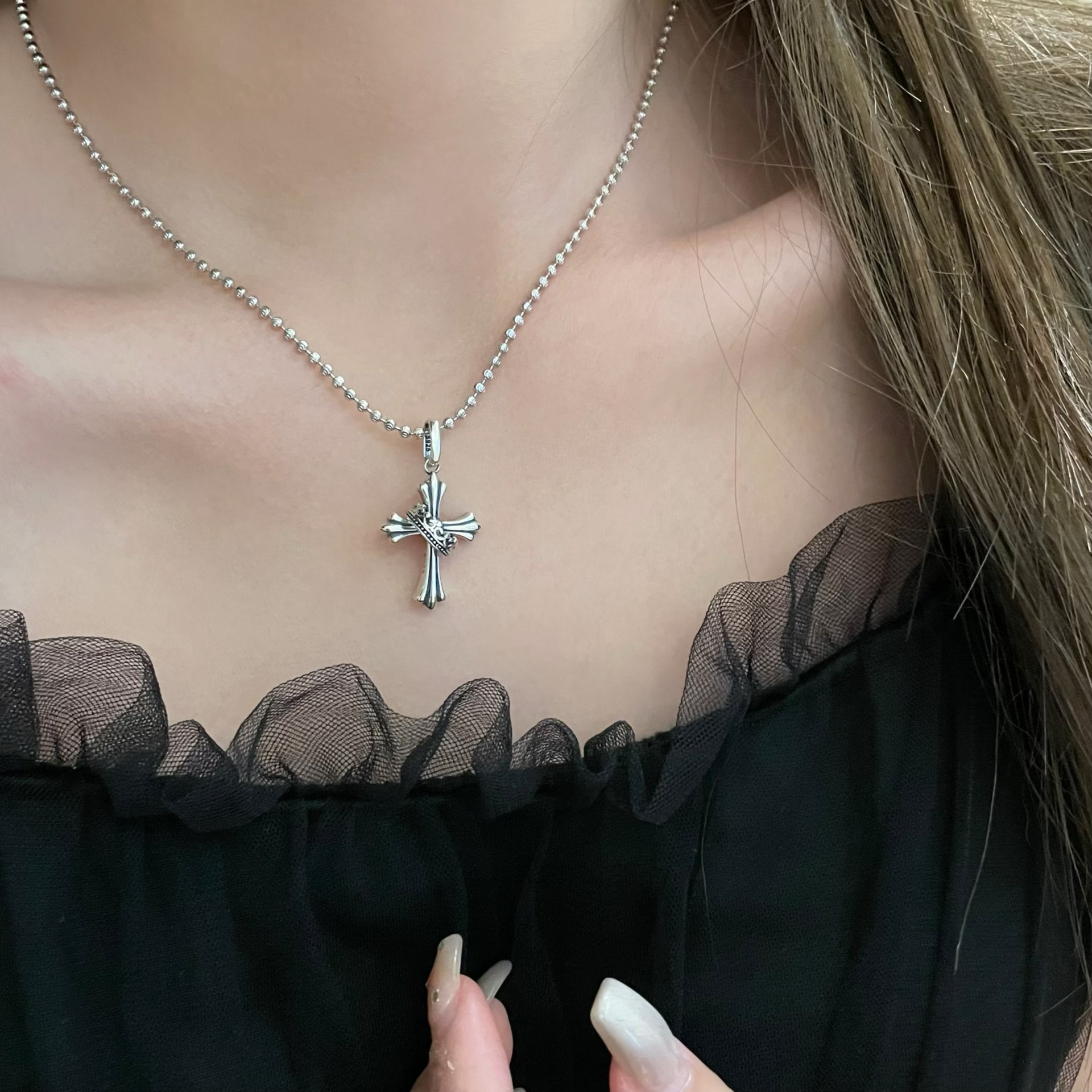 925 Sterling Silver Small Horizontal Sideways Cross Pendant Necklace for Women