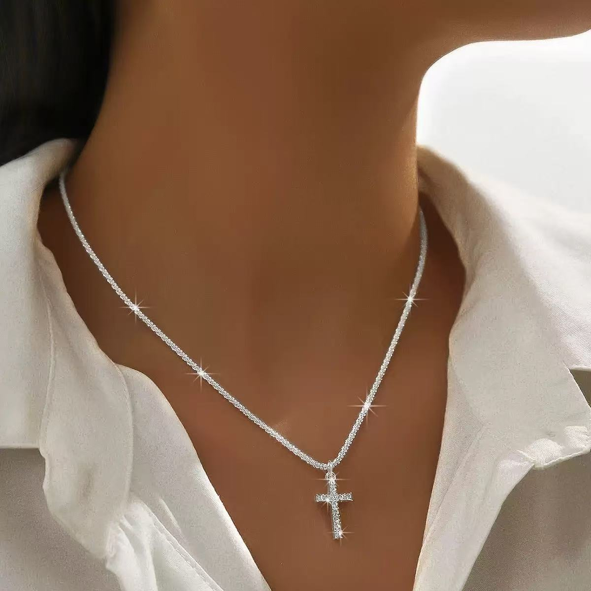 Unique Dainty Silver Cross Necklace for Women – Small Cubic Zirconia Pendant, Elegant Minimalist Jewelry Gift