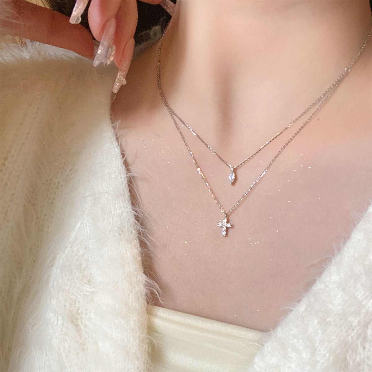 Small Diamond Cross Layered Necklace – Minimalist Double Chain Necklace with Marquise Gem