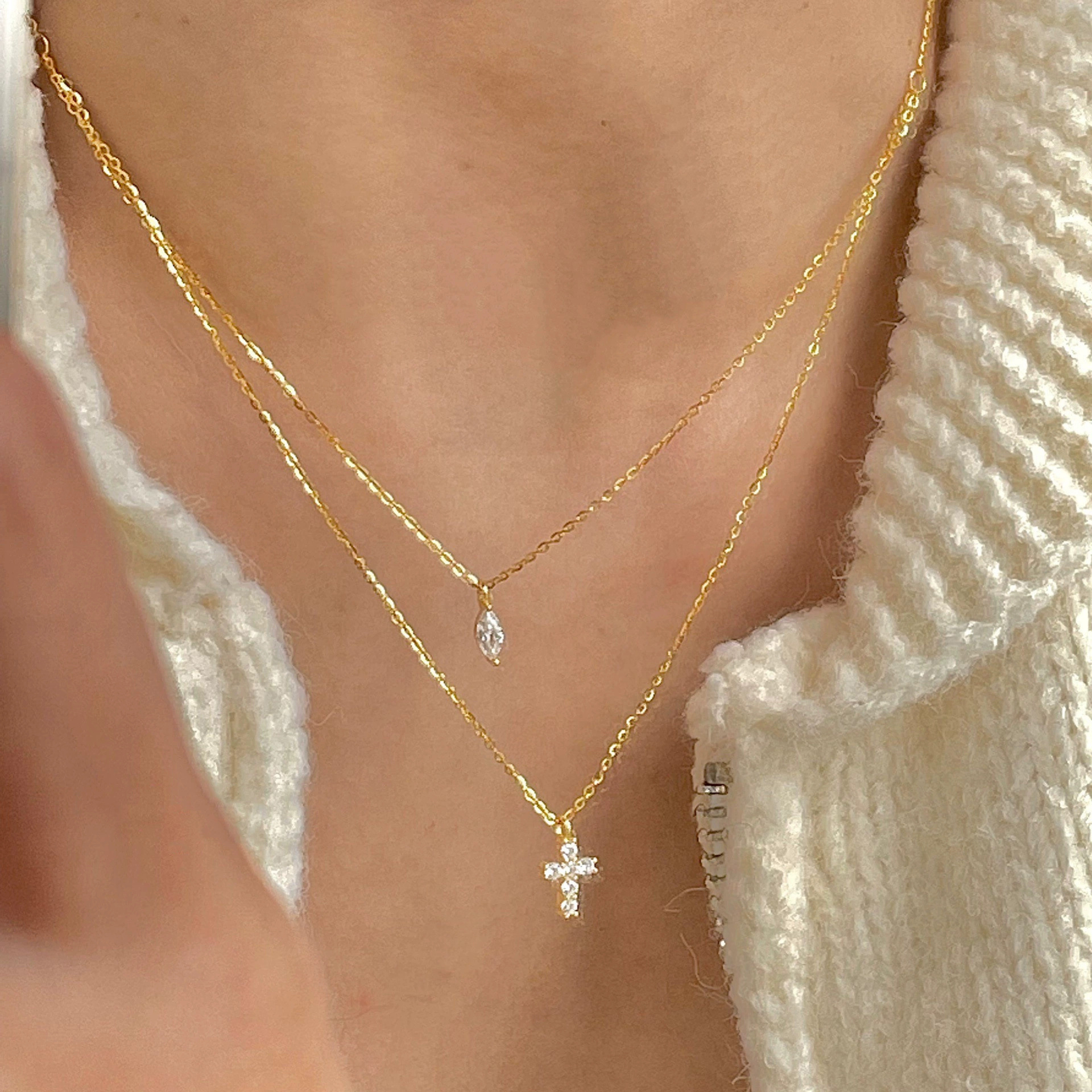 Small Diamond Cross Layered Necklace – Minimalist Double Chain Necklace with Marquise Gem