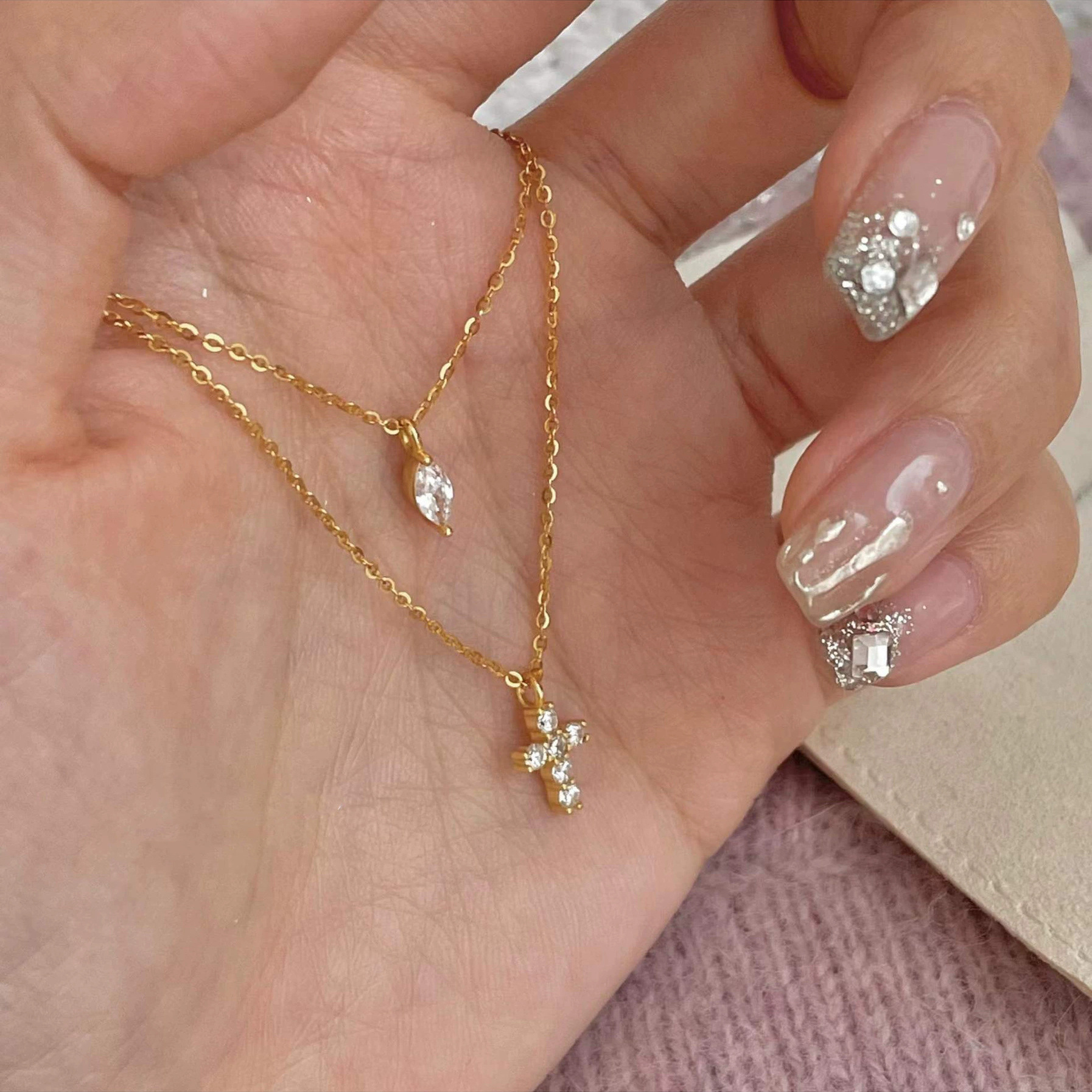 Small Diamond Cross Layered Necklace – Minimalist Double Chain Necklace with Marquise Gem