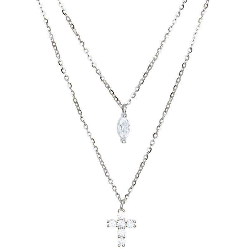 Small Diamond Cross Layered Necklace – Minimalist Double Chain Necklace with Marquise Gem