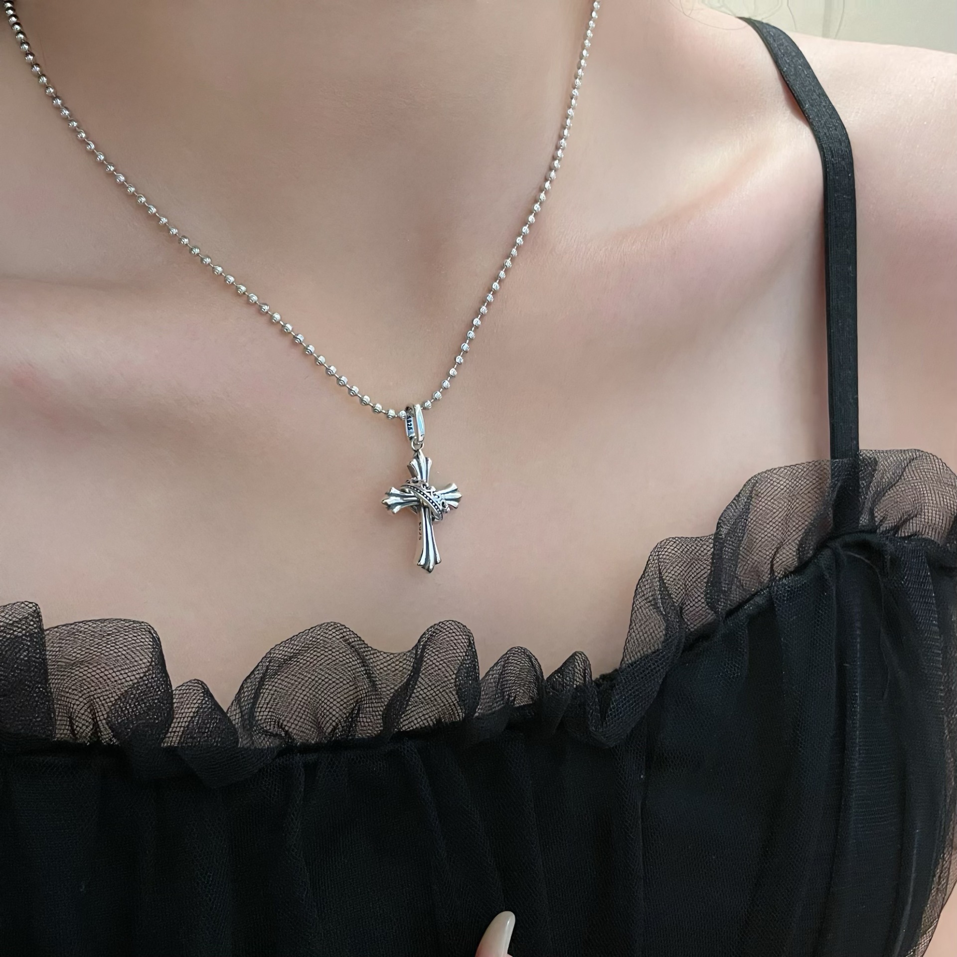 925 Sterling Silver Small Horizontal Sideways Cross Pendant Necklace for Women