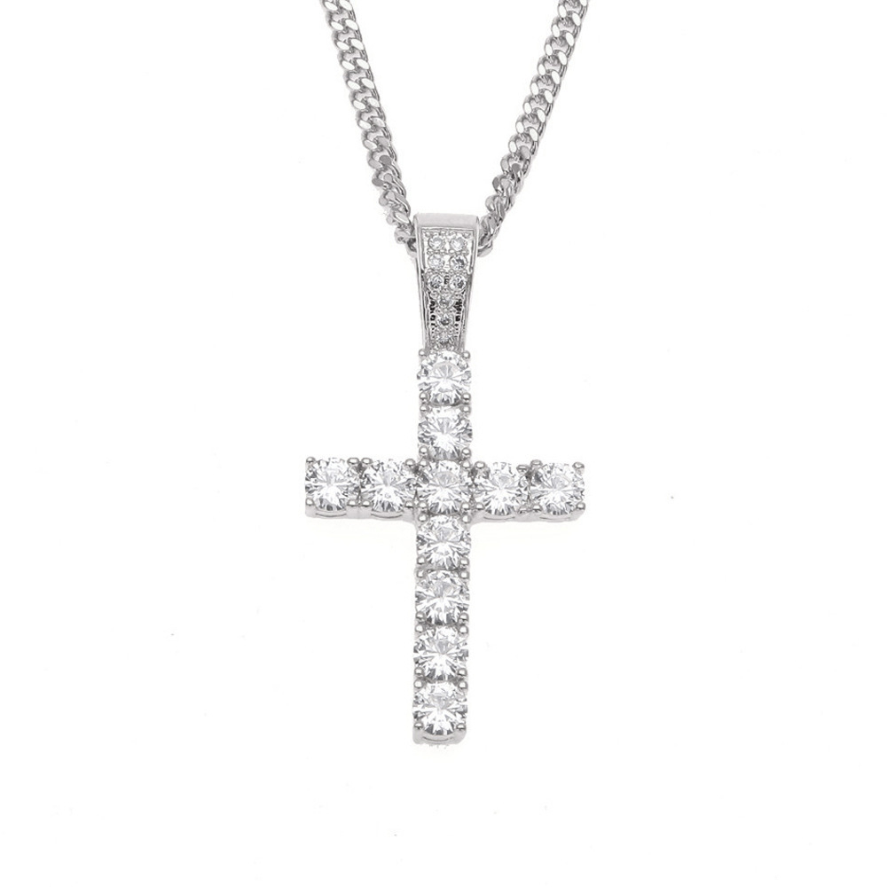 Mens Stainless Steel Cross Pendant Necklace – Iced Out White Gold Sterling Silver Style