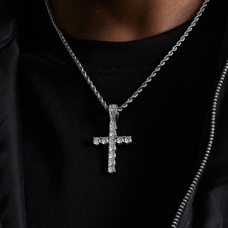 Mens Stainless Steel Cross Pendant Necklace – Iced Out White Gold Sterling Silver Style