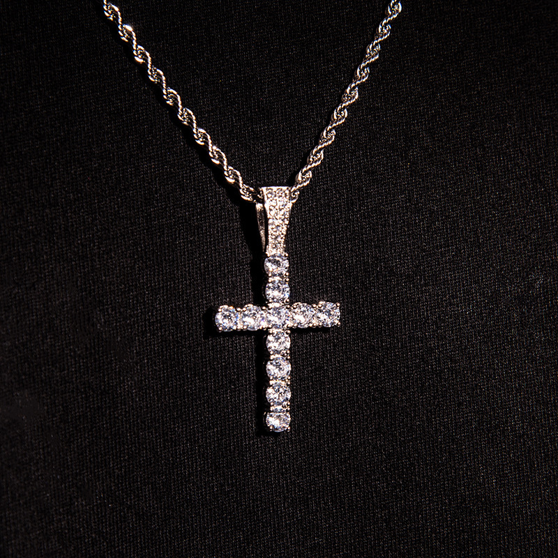 Mens Stainless Steel Cross Pendant Necklace – Iced Out White Gold Sterling Silver Style