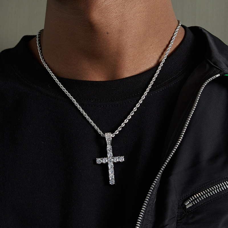 Mens Stainless Steel Cross Pendant Necklace – Iced Out White Gold Sterling Silver Style