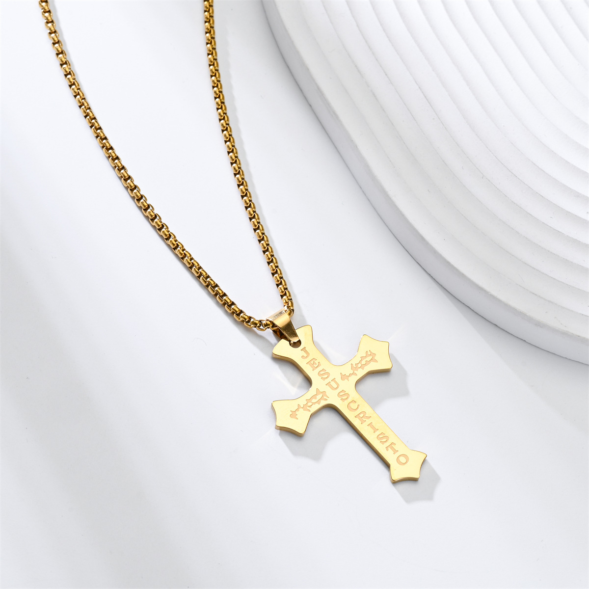 Polished Stainless Steel Jesus Cross Necklace – Embellished Pendant for Men