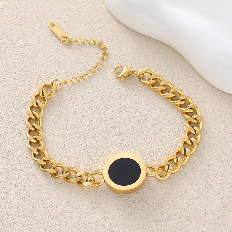 Gold Chunky Chain Bracelet with Black Round Pendant – Unisex Modern Statement Jewelry