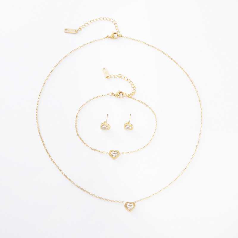 Heart Stainless Steel Jewelry Set for Women, Gold Plated Necklace Bracelet Earrings