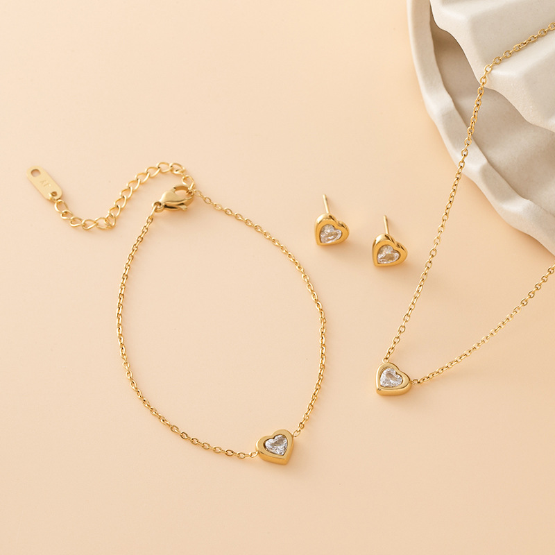 Heart Stainless Steel Jewelry Set for Women, Gold Plated Necklace Bracelet Earrings