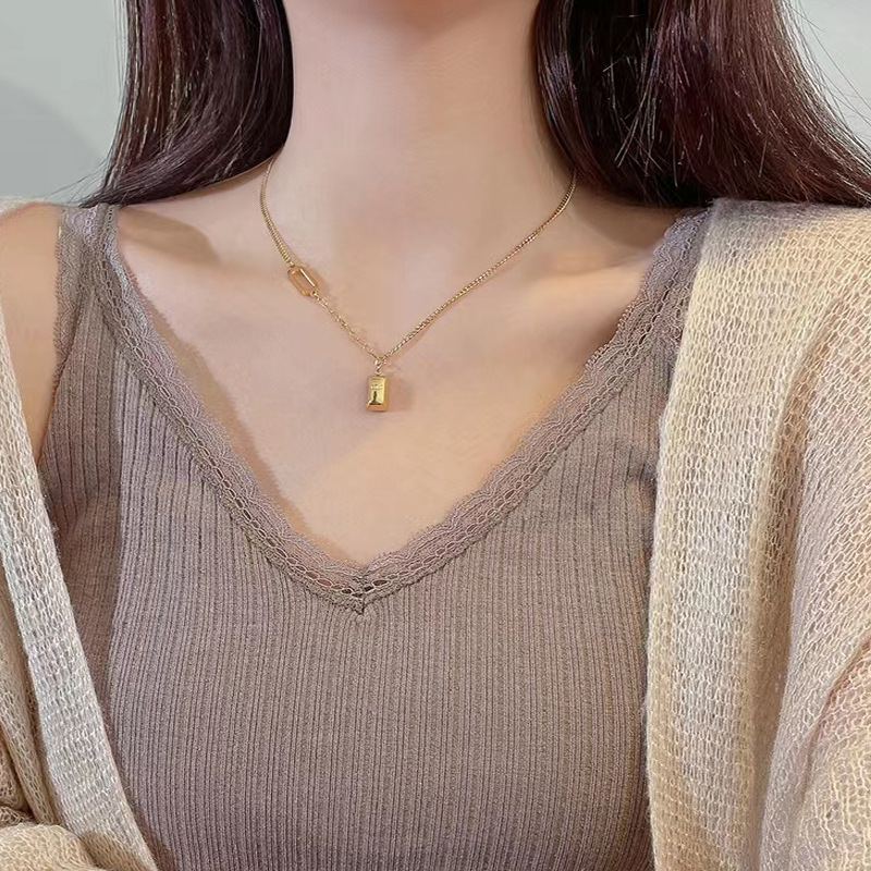 Gold Bar Pendant Stainless Steel Chain Necklace