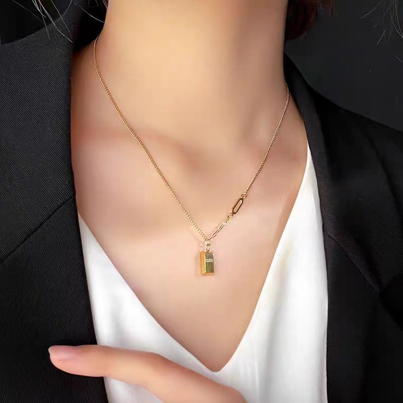Gold Bar Pendant Stainless Steel Chain Necklace