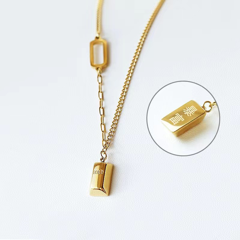 Gold Bar Pendant Stainless Steel Chain Necklace