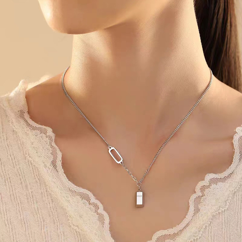 Gold Bar Pendant Stainless Steel Chain Necklace