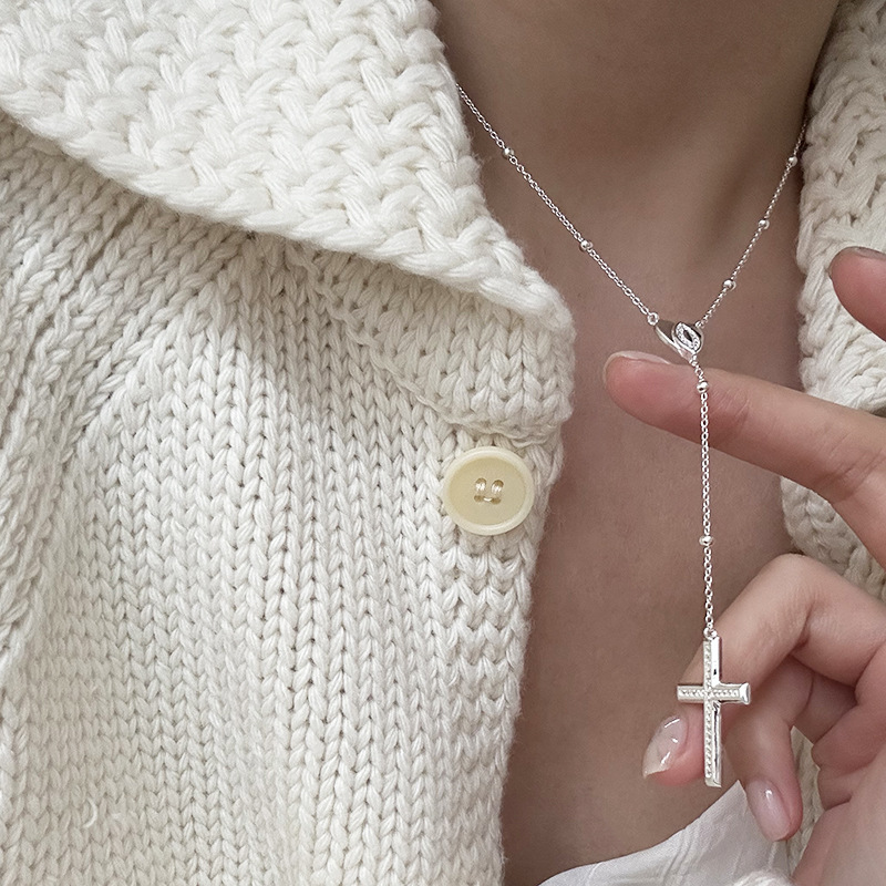 Sterling Silver Link Chain Necklace with Cross Pendant & Heart Accent – Minimalist Elegant Silver Necklace for Women