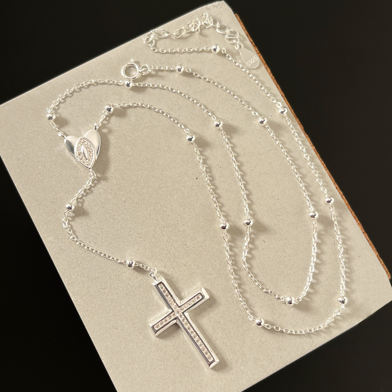 Sterling Silver Link Chain Necklace with Cross Pendant & Heart Accent – Minimalist Elegant Silver Necklace for Women