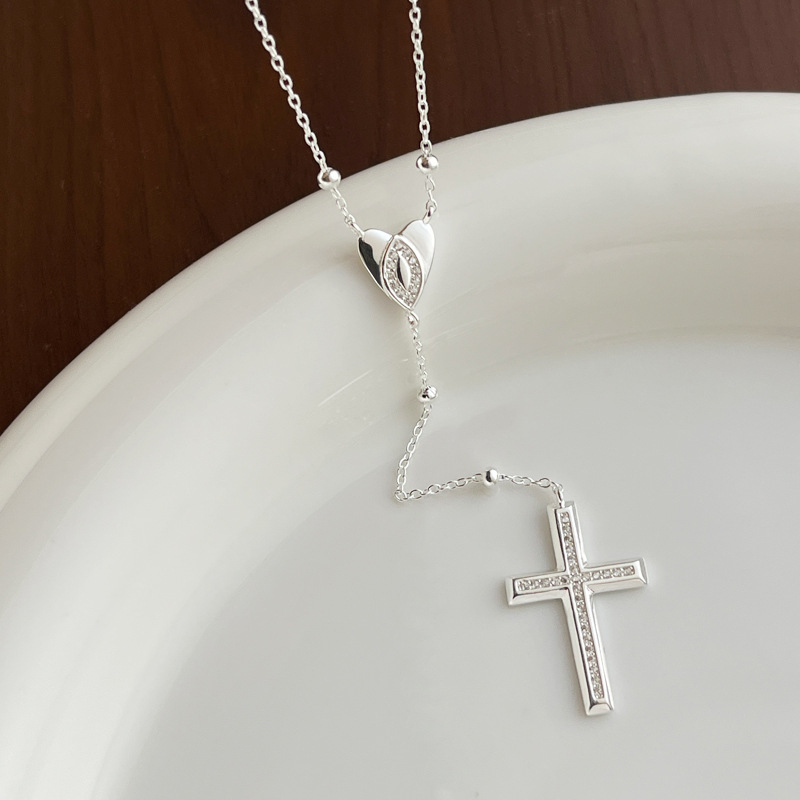 Sterling Silver Link Chain Necklace with Cross Pendant & Heart Accent – Minimalist Elegant Silver Necklace for Women
