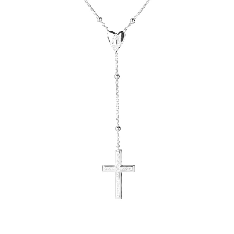 Sterling Silver Link Chain Necklace with Cross Pendant & Heart Accent – Minimalist Elegant Silver Necklace for Women