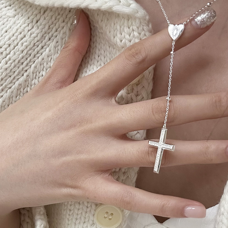 Sterling Silver Link Chain Necklace with Cross Pendant & Heart Accent – Minimalist Elegant Silver Necklace for Women