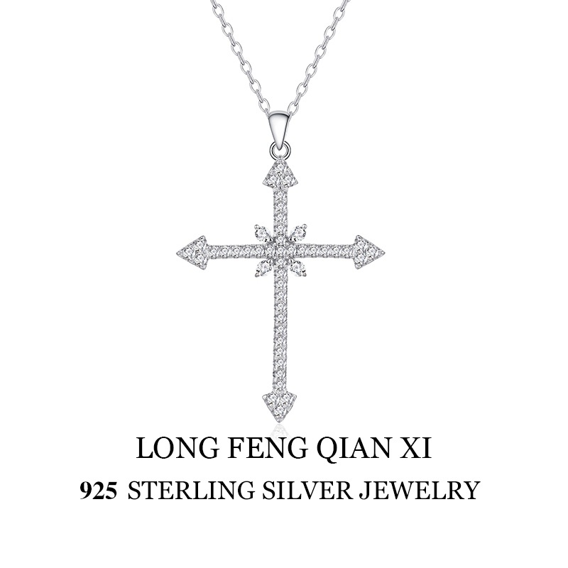 Solid Sterling Silver Arrow Cross Pendant Necklace – Sparkling Zirconia Silver Pendant and Chain