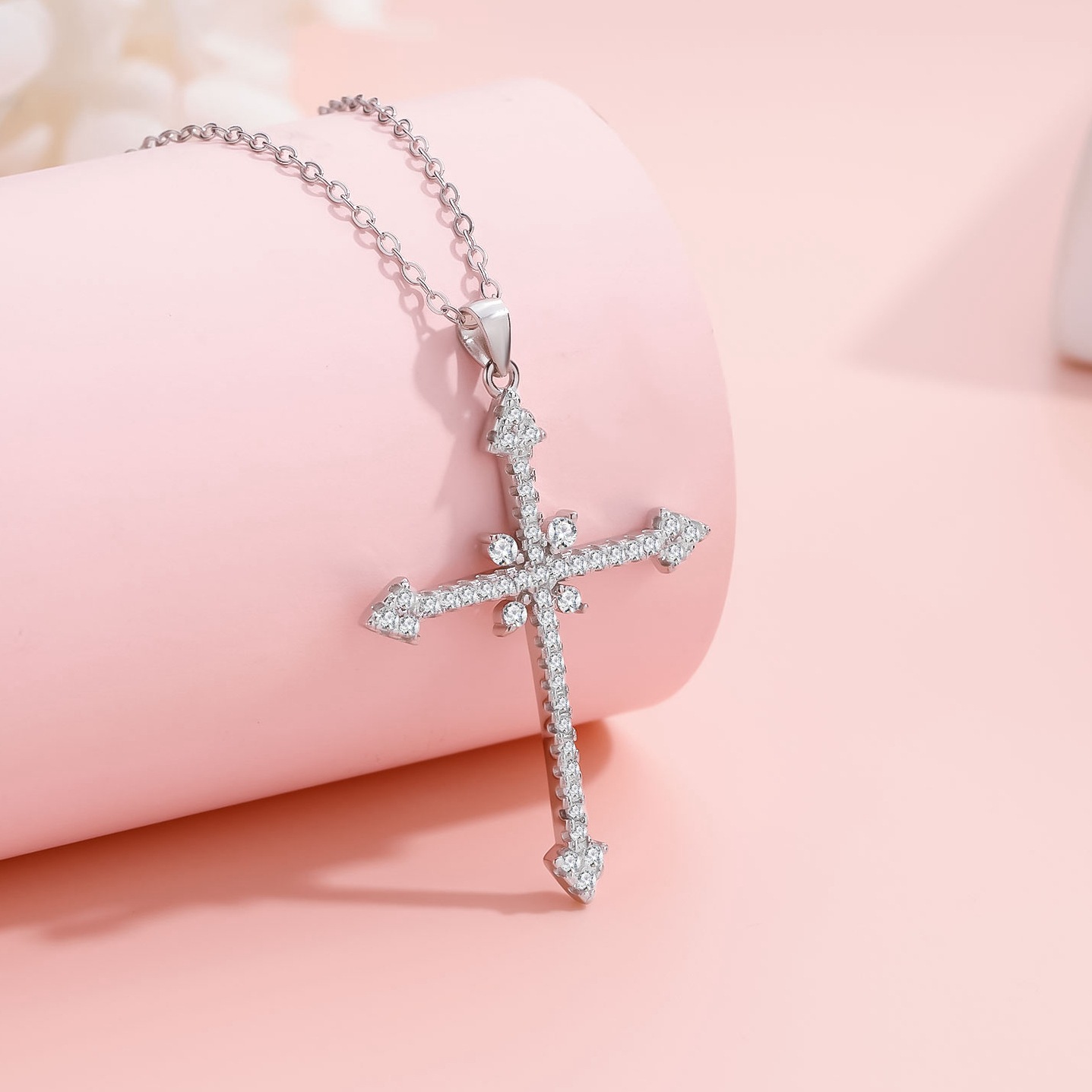 Solid Sterling Silver Arrow Cross Pendant Necklace – Sparkling Zirconia Silver Pendant and Chain