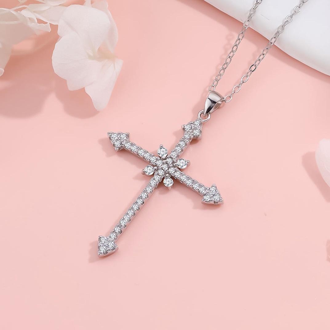 Solid Sterling Silver Arrow Cross Pendant Necklace – Sparkling Zirconia Silver Pendant and Chain