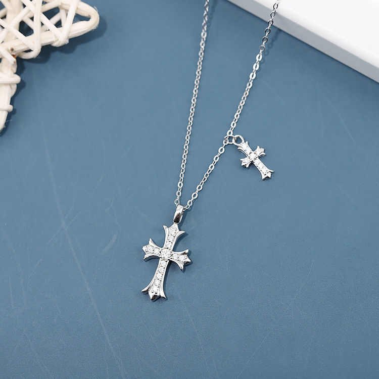 925 Sterling Silver Double Sideways Cross Necklace with Cubic Zirconia for Women
