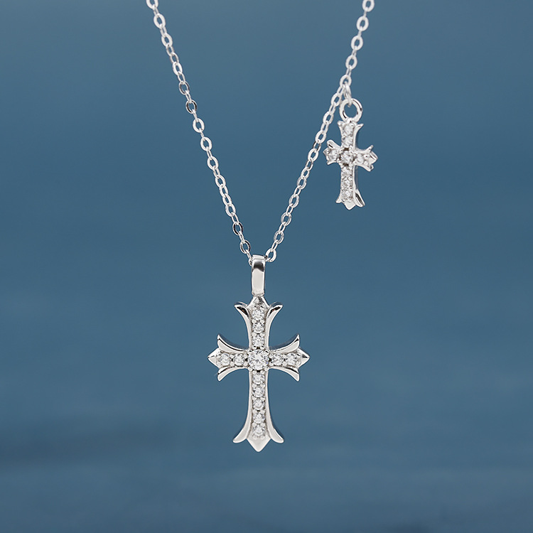 925 Sterling Silver Double Sideways Cross Necklace with Cubic Zirconia for Women