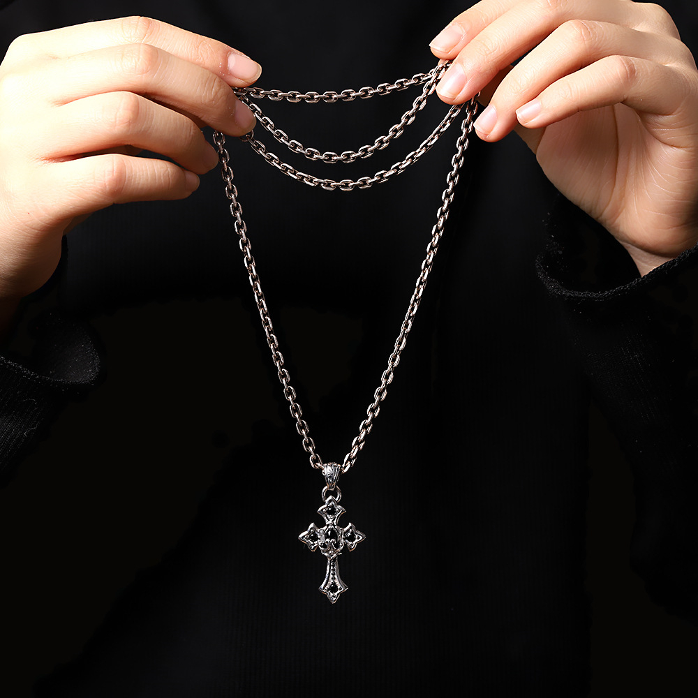 Men's Thick Sterling Silver Gothic Cross Necklace with Black Stones - Vintage White Silver Chain