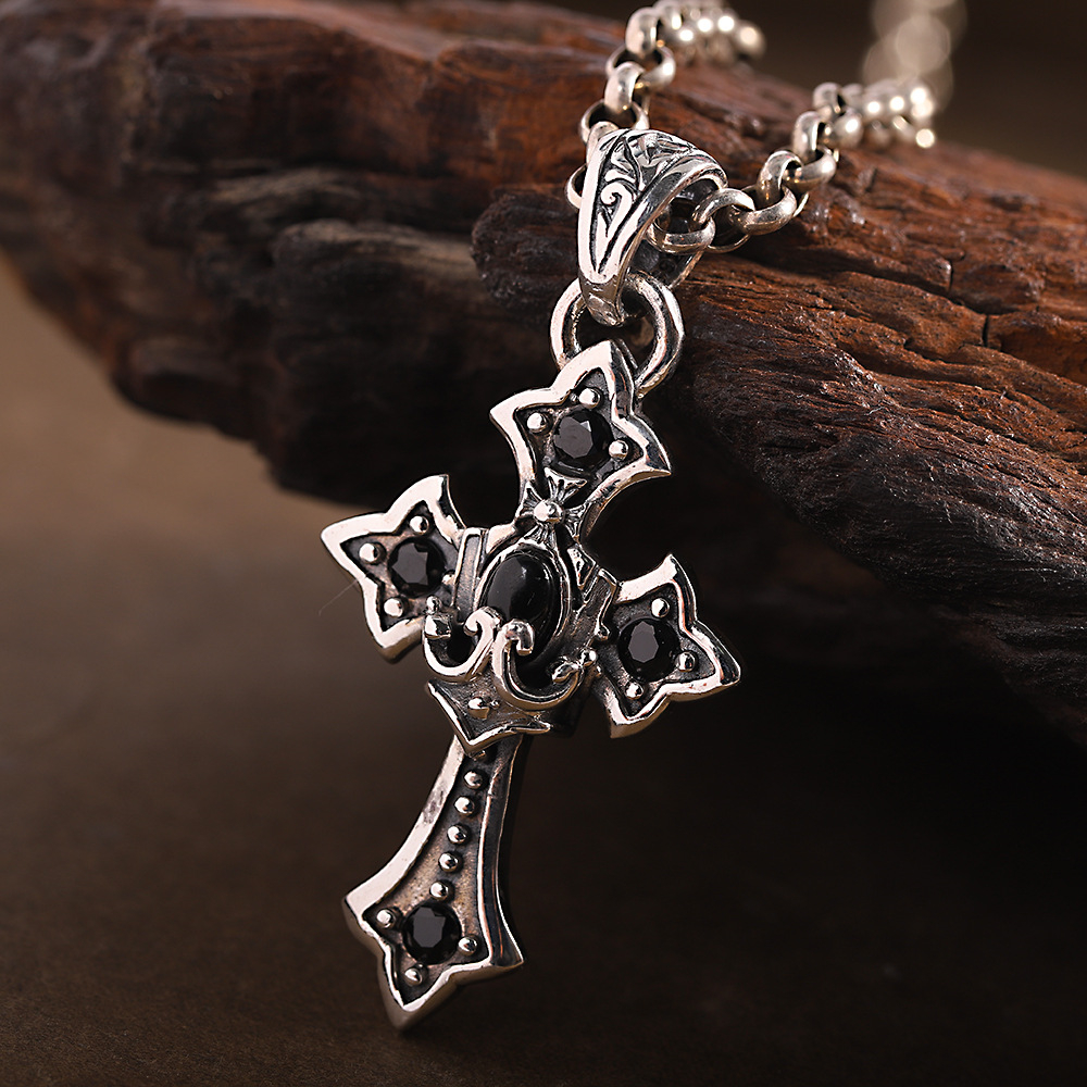 Men's Thick Sterling Silver Gothic Cross Necklace with Black Stones - Vintage White Silver Chain