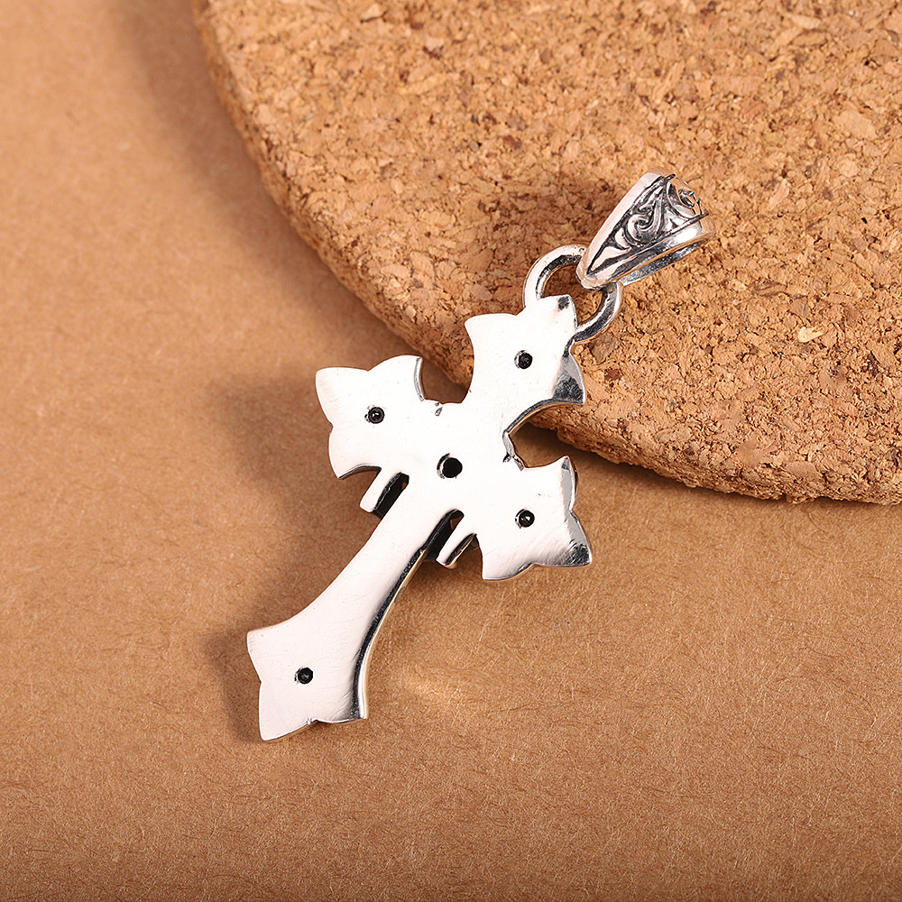 Men's Thick Sterling Silver Gothic Cross Necklace with Black Stones - Vintage White Silver Chain