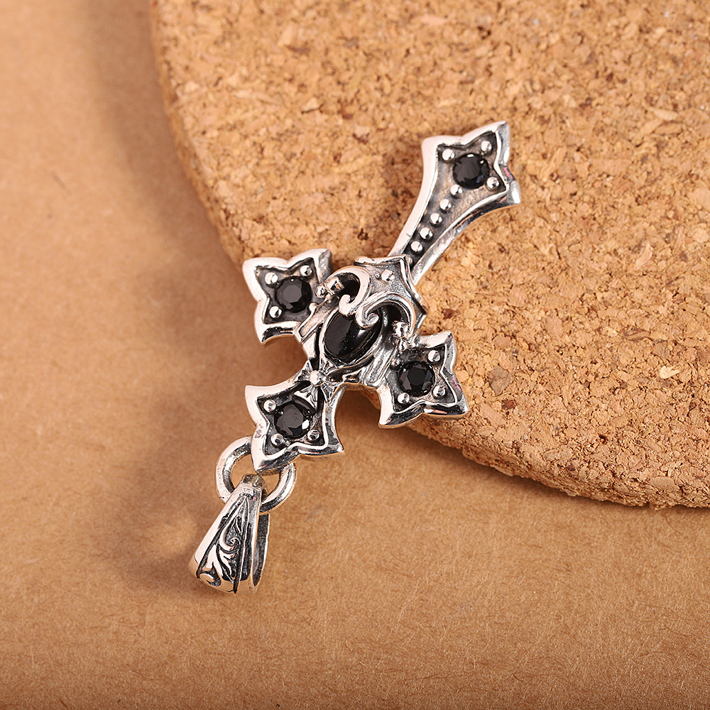 Men's Thick Sterling Silver Gothic Cross Necklace with Black Stones - Vintage White Silver Chain